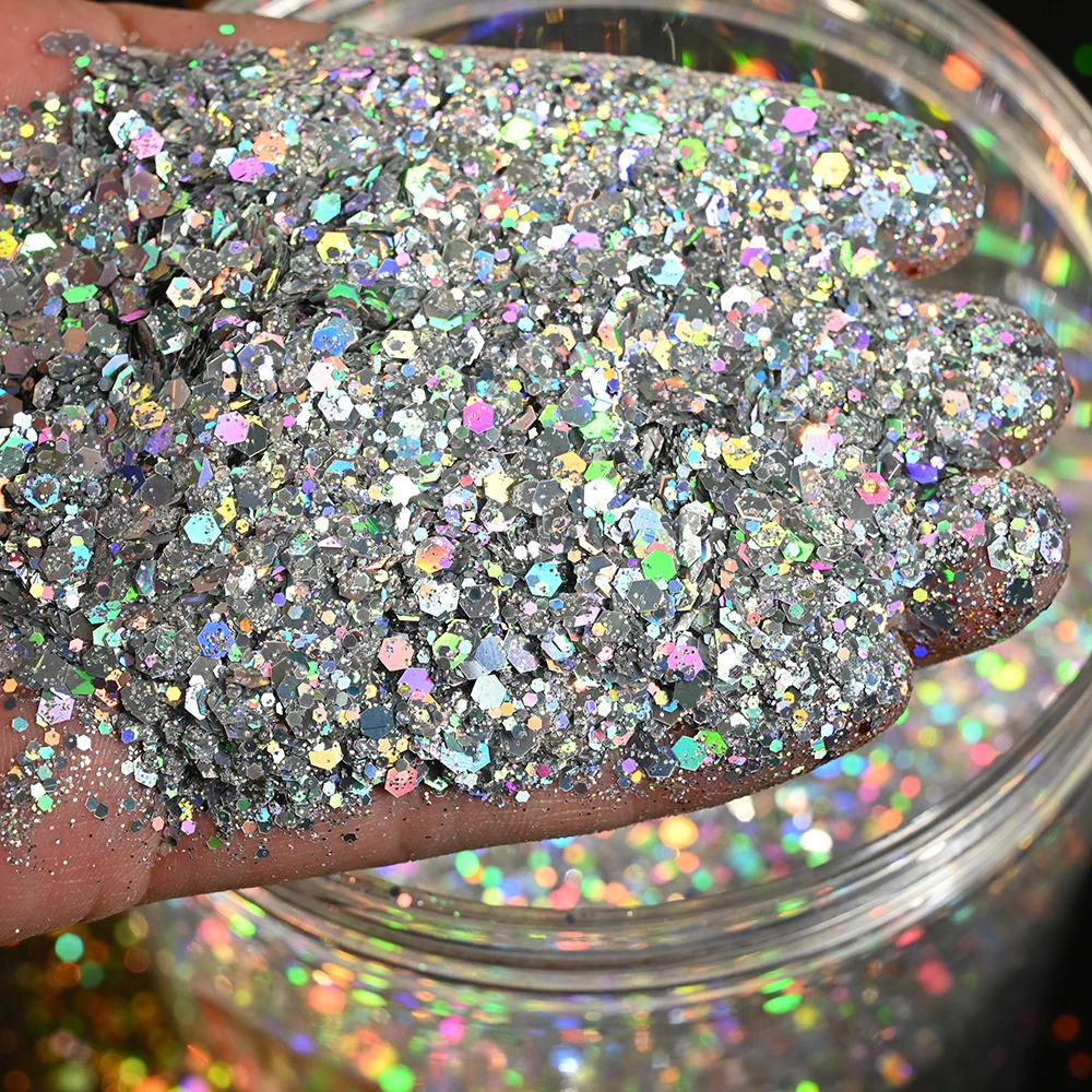 50g Holographic Mixed Hexagon Shape Chunky Irediscent Nail Art Glitter Flakes Laser Sparkly Sequins Slices Nail Art Decoration