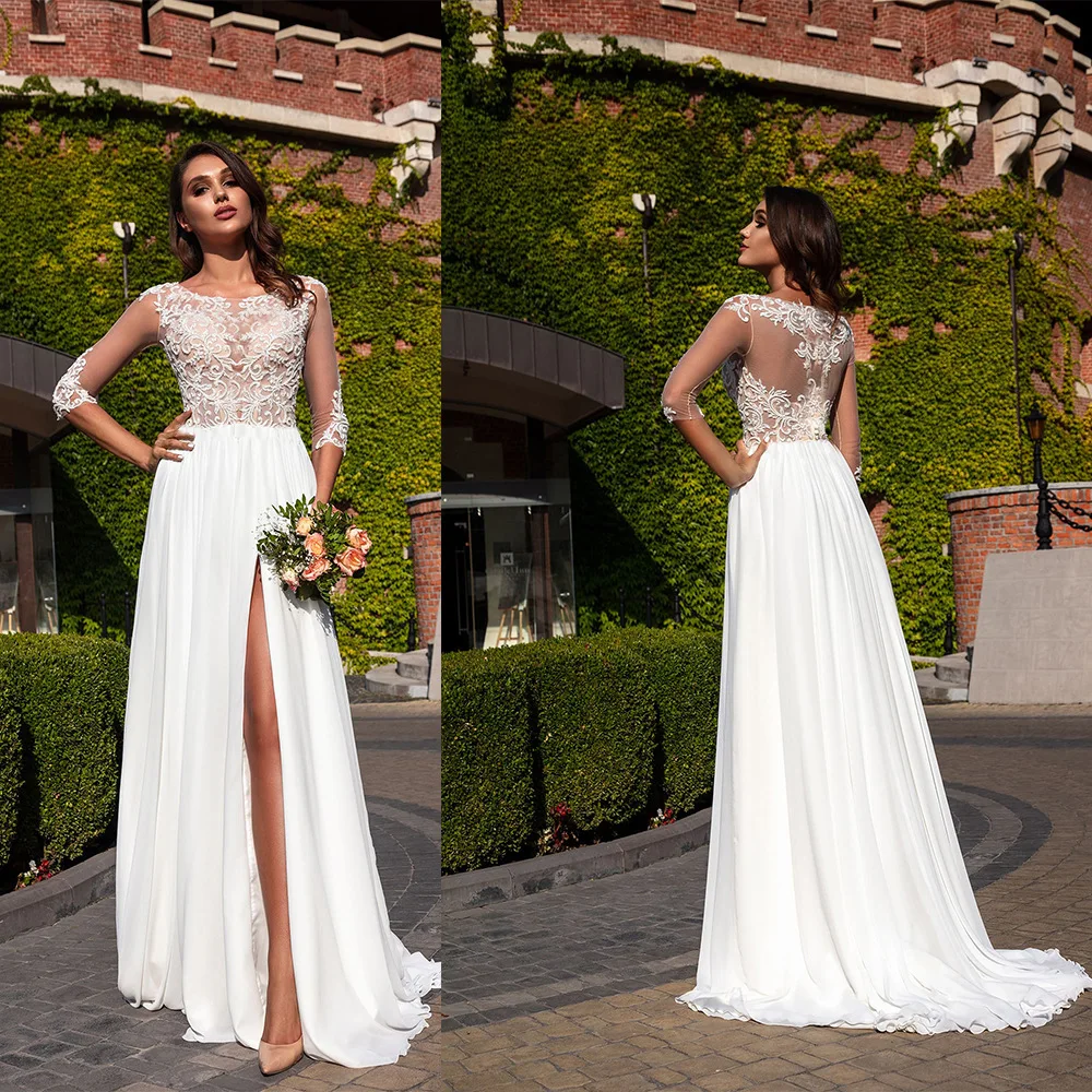 

2022 spring women's new long-sleeved lace temperament mid-waist simple mid-length white chiffon wedding dress bridesmaid dress