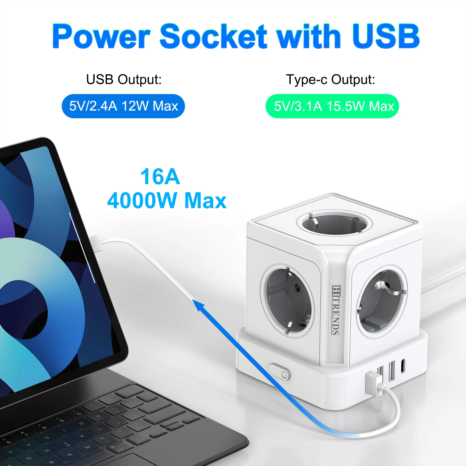 Enhanced Tower Power Socket with Surge Protection - Features 5 AC Outlets, 3 USB Ports, and 1 Type-C Port