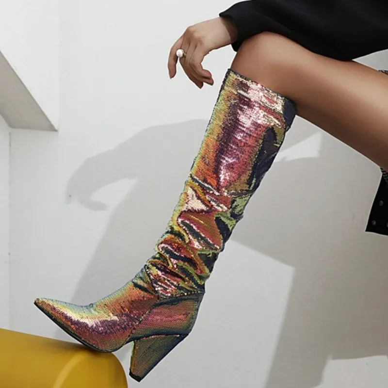 

ShoesPointed Sequins Color Embroidery Shiny Knee-Length Boots Bling Gradient Color Dot Pattern Winter Boots Color Changing Shoes
