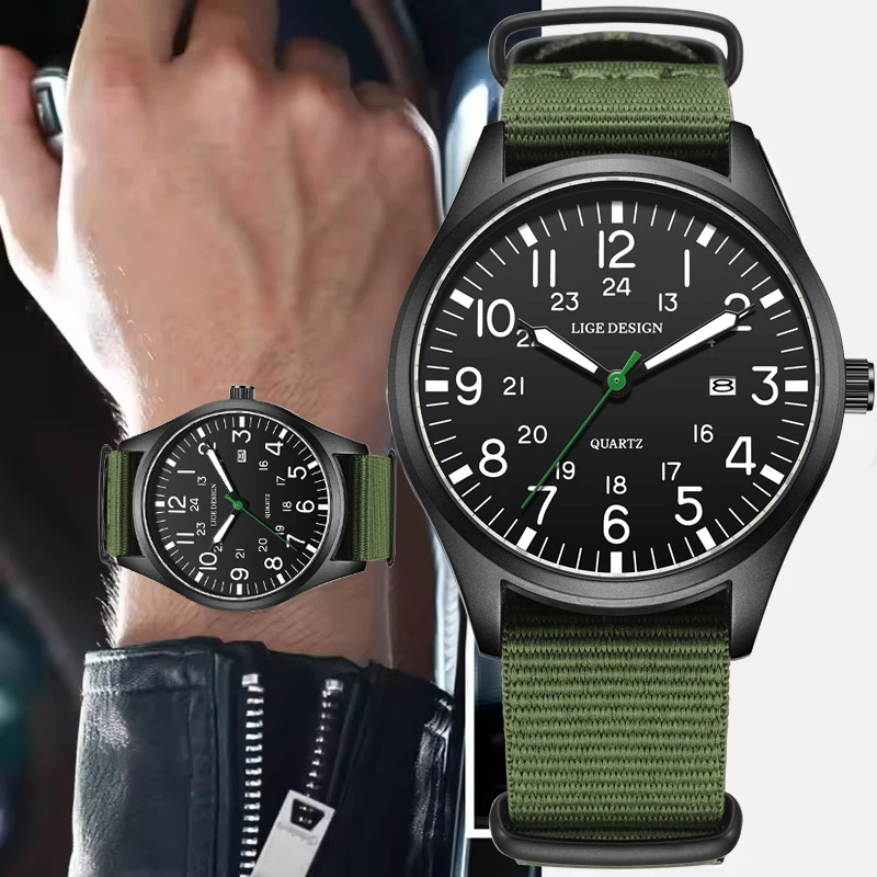 LIGE New Army Military Watches For Men Casual Business Nylon Strap Luminous Watch Men Waterproof Date Men's Quartz Wristwatch