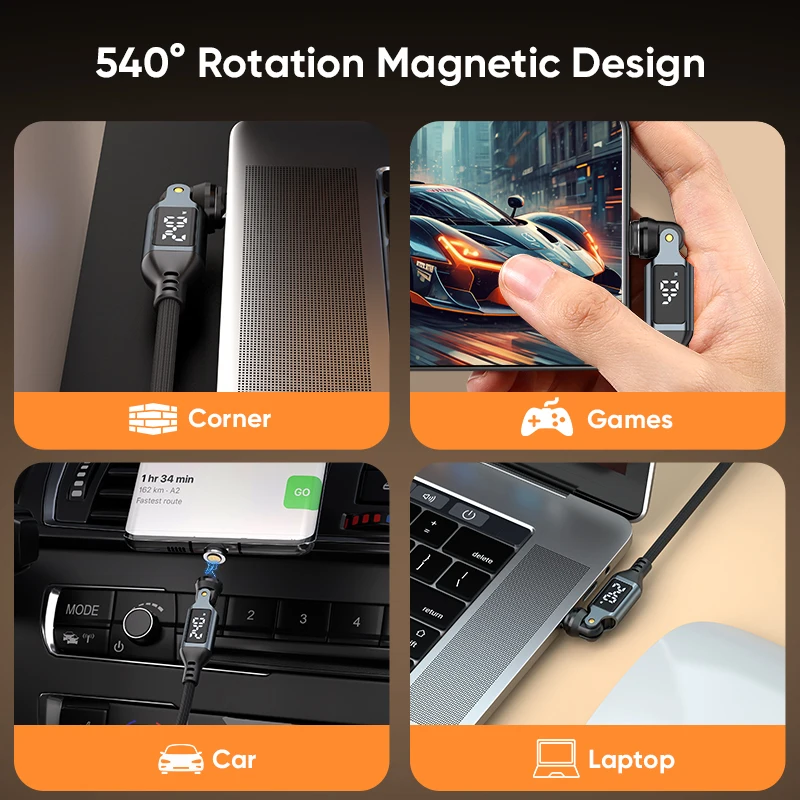 Revolutionary 240W Magnetic Type-C Digital Display Cable with 540-Degree Rotation