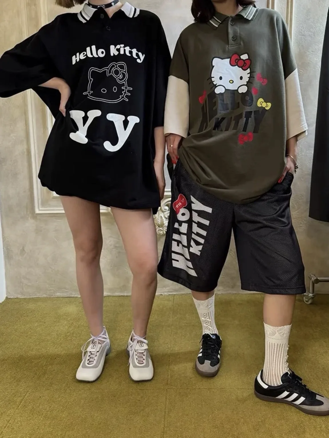 

Theopenproduct kitty co-фирменная рубашка-поло с отворотом, футболка с коротким рукавом и коротким рукавом, свободный милый топ