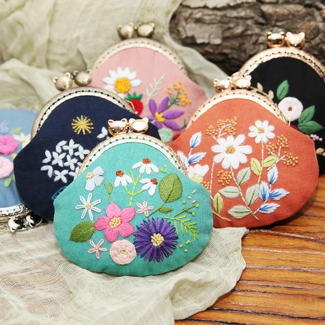 Kit de bordado artesanal, cartera, bolso de beso, estampado de flores, conjunto de punto de cruz, costura hecha a mano, arte artesanal, venta al por - AliExpress