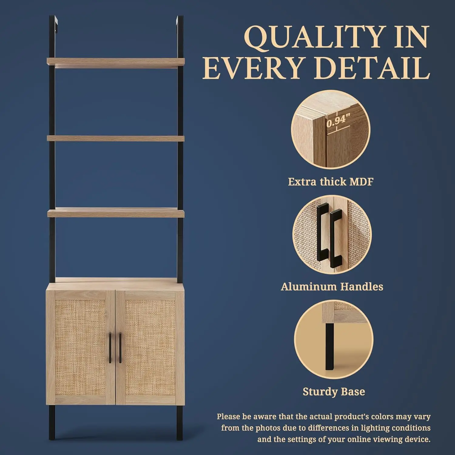 Tier Bookshelf with Rattan Cabinet, 73" Tall Bookshelf with Oak Wood Mount Bookshelves Steel Frame Pl