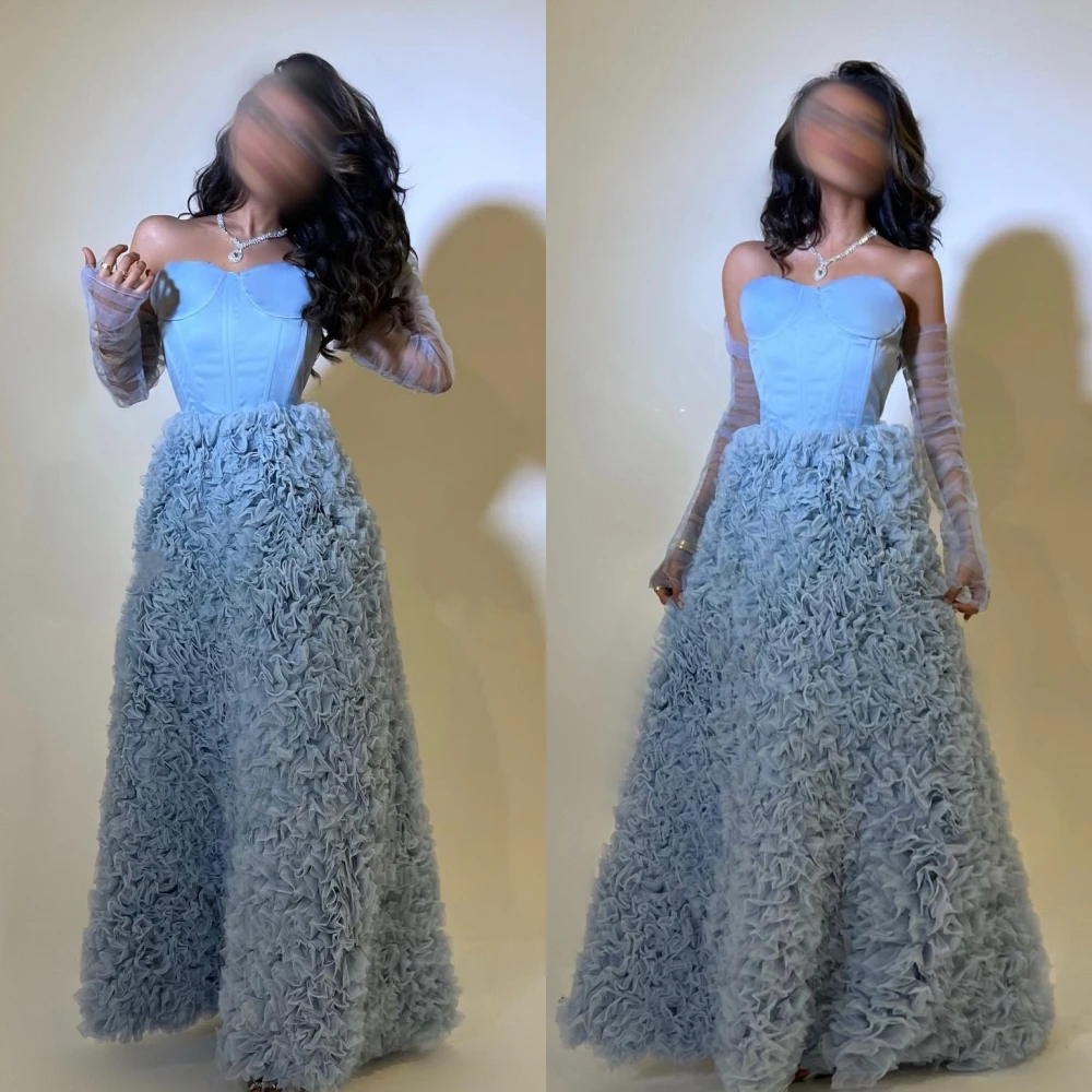 

Intricate Prom Saudi Arabia Strapless Ball gown Quinceanera Dress Floor length Fold Skirts Net/Tulle Evening 프롬드레스