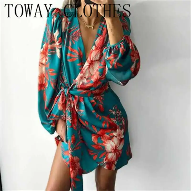 

Summer Dress For Women 2022 Wrap V Neck Puff Sleeve Tie Waist Printed Dress Vestidos Elegantes Para Mujer