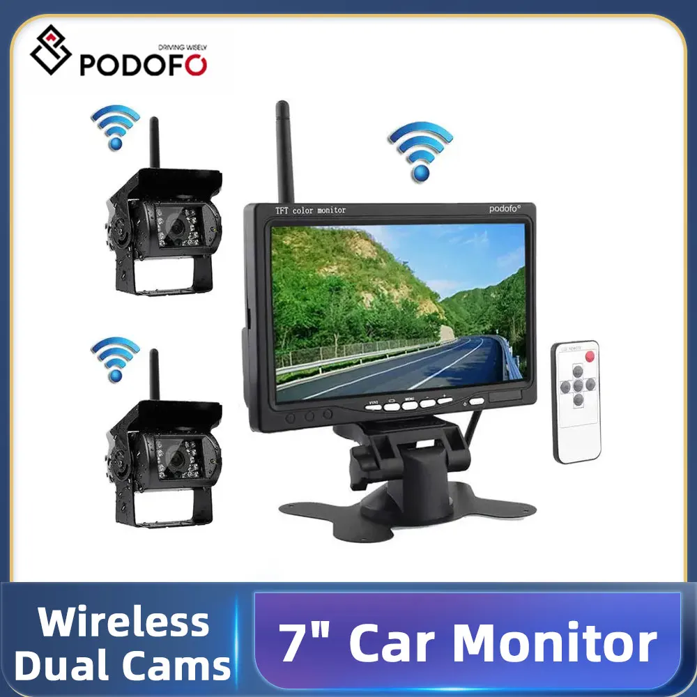 

Podofo Wireless Dual Backup Reversing Cameras + 7" Car Monitor with IR Night Vision Rear View Camera for RV Truck Trailer Bus