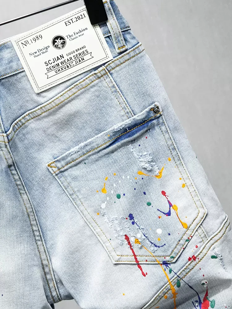 Summer Fashion Designer Men Jeans Retro Light Blue Elastic Stretch Ripped Short Jeans Painted Spliced Hip Hop Denim Shorts Men