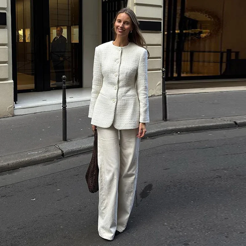 Elegante blazer de tweed para mujer, abrigo ajustado con cuello redondo y hombreras, chaqueta gruesa para mujer, ropa de oficina de primavera 2025