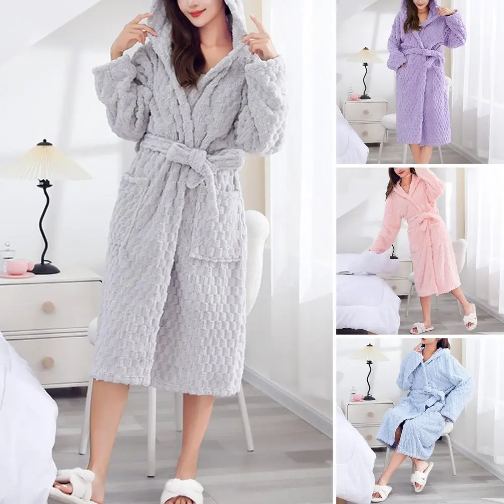 

Ladies Nightgown with Strap Cozy Coral Fleece Winter Bathrobe with Hooded Cardigan Lace Up Design for Women Warm Water Absorbent