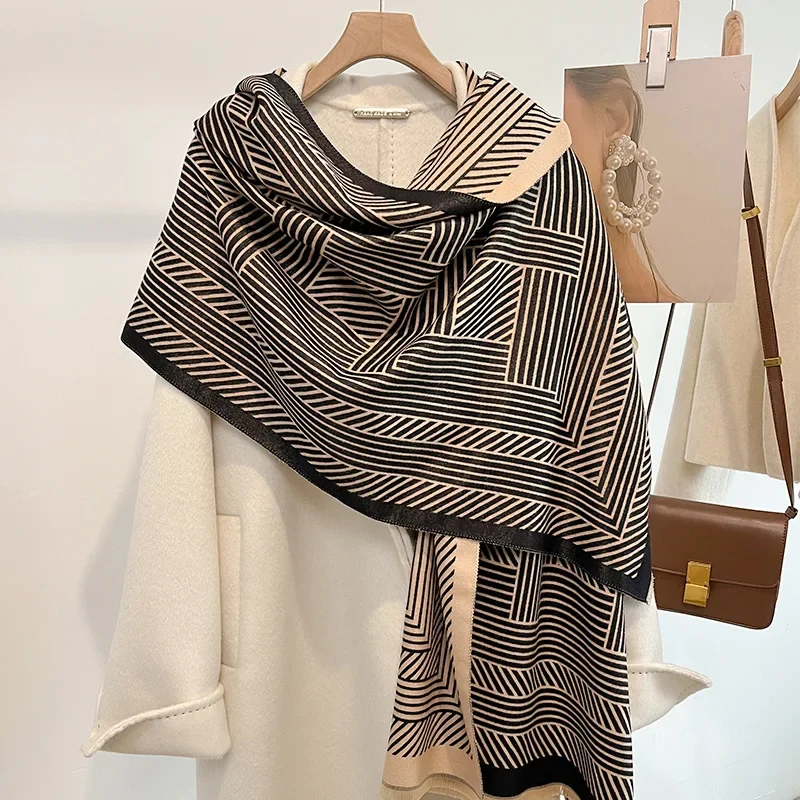 Winter Warm Faux Cashmere Scarf Unisex Man Women Fashion Geometric Striped Shawl Stole Bandana 185*65cm