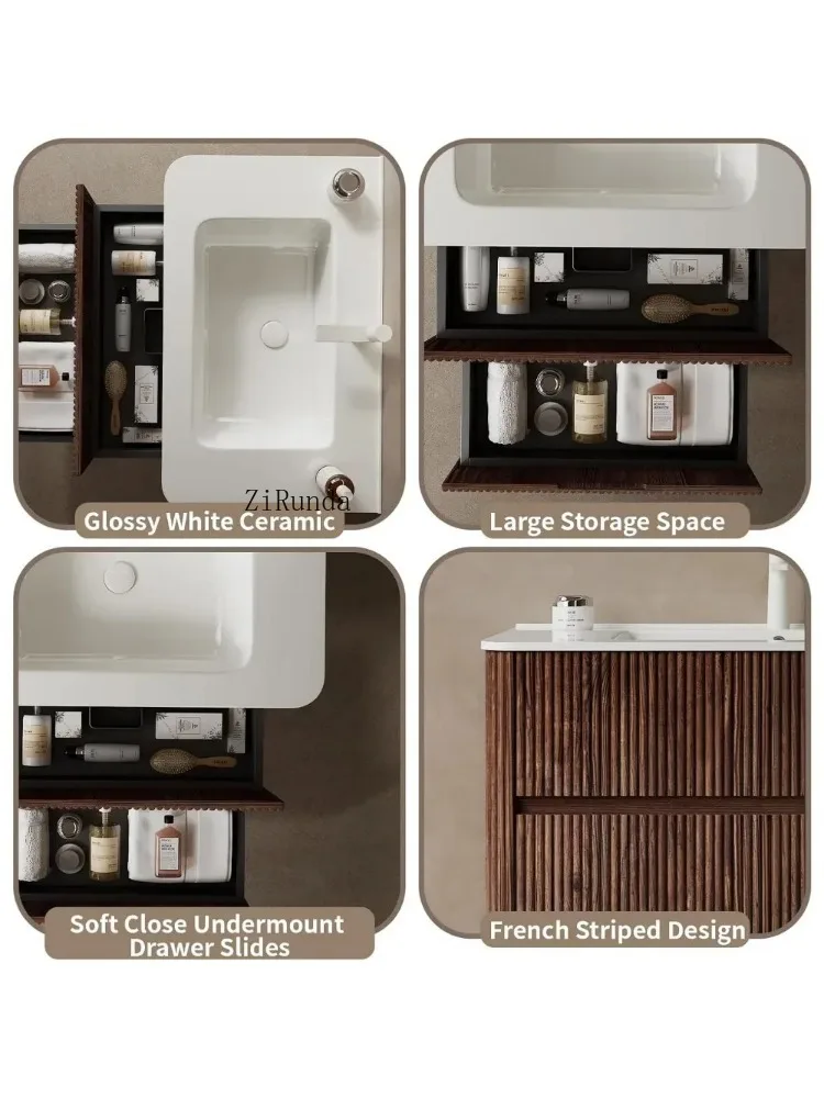 30" floating bathrobe with washbasin, 2 wall-mounted drawers, Vintage wooden striped bathtub