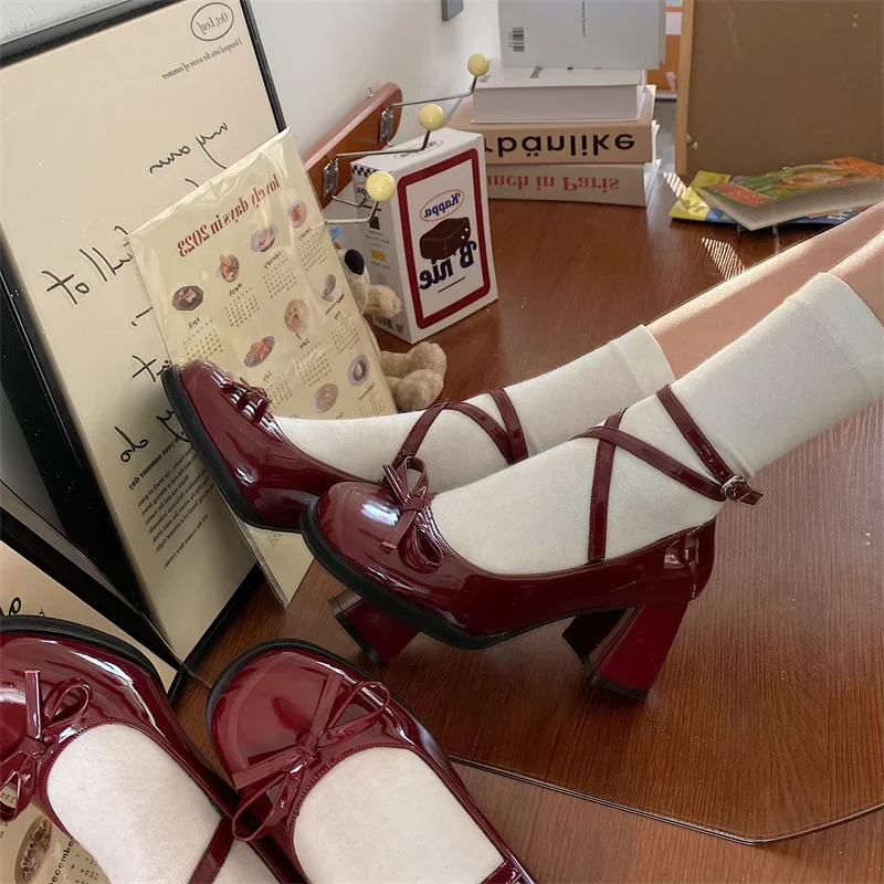467800-fc0157.jpg Red Mary Jane Women Pumps Thick High Heels Shoes Female Lolita Square Toe Shoes Spring Fashion Party Leather Woman Shoes New - Image 1