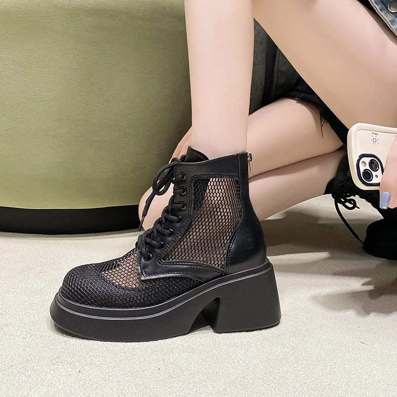Aphixta 7cm Square Heel Breathable Mesh Ankle Boots Women Platform Lace Up Zip Close Summer Boots Platform Shoes Woman Boats