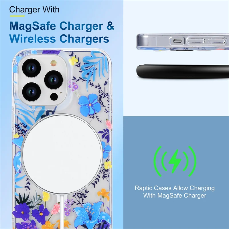 Transparente Magsafe-Hülle mit schönen Blumen für iPhone 16 Pro Max 15 14 13 12, dünne, harte, kabellose Ladeabdeckung aus Acryl, Funda 14Pro_voghion.com