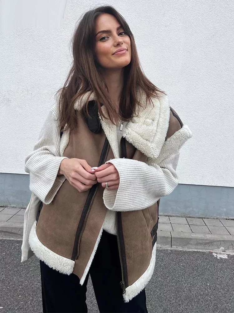 Suede Leather Thick Fleece Jacket Autumn Winter Women Splice Sleeveless Faux Shearling Jackets Vest Y2K Cardigans Coats