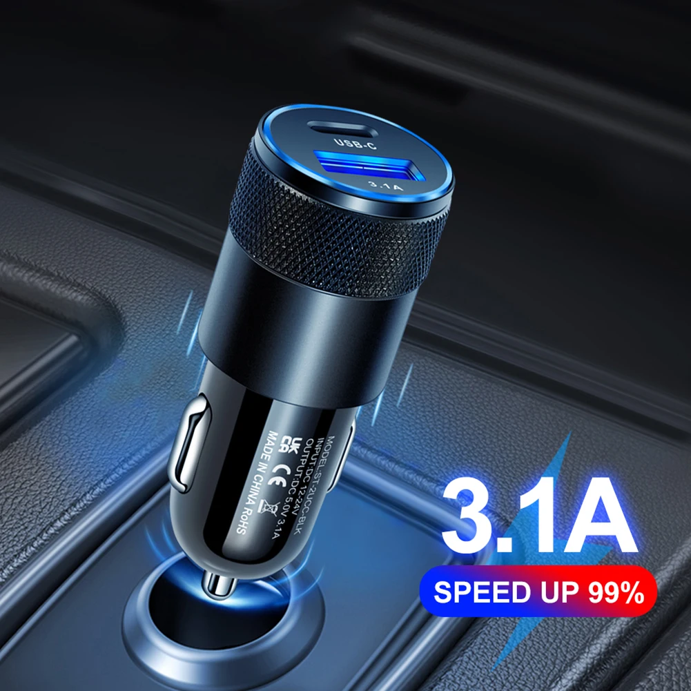 Cargador coche de carga rápida con doble usb, 3.1A, 15W y cable USB C