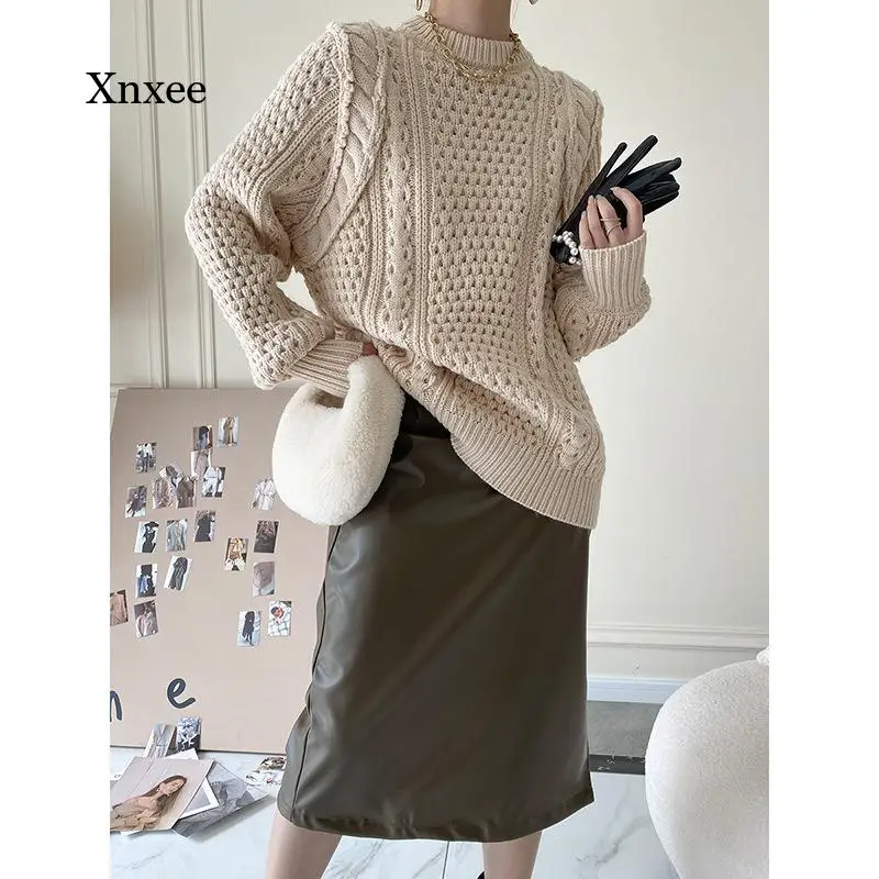 

Свитер с длинным рукавом, Модный женский вязаный Топ на осень и зиму, Женский плотный теплый повседневный пуловер с круглым вырезом, свитеры, женская одежда