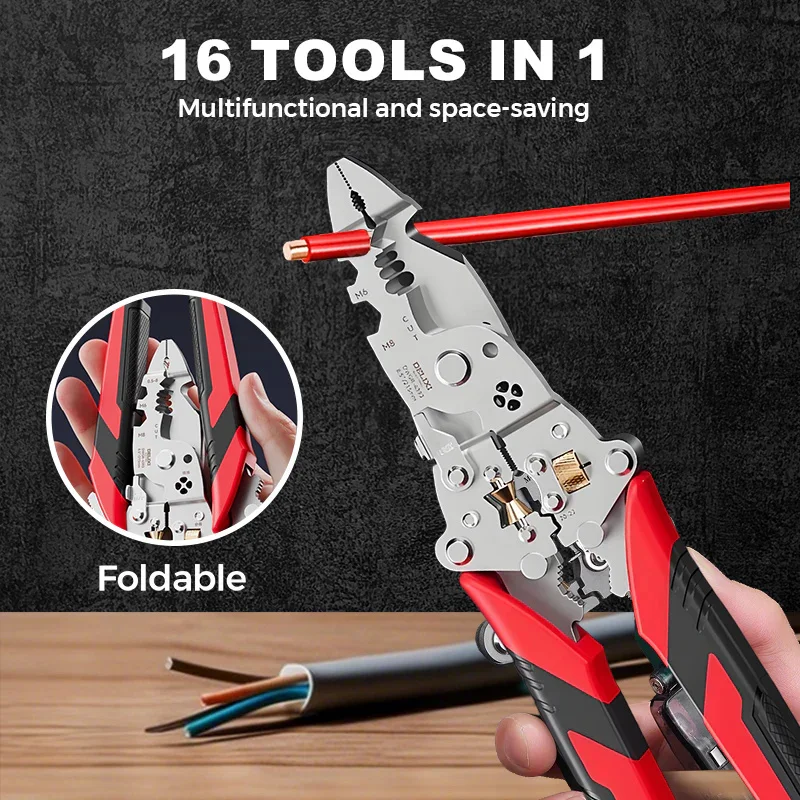 16-In-1 Foldable Stainless Steel Wire Stripper Multifunctional Folding Wire Stripping Plier for Peeling/Winding/Pressing/Cutting