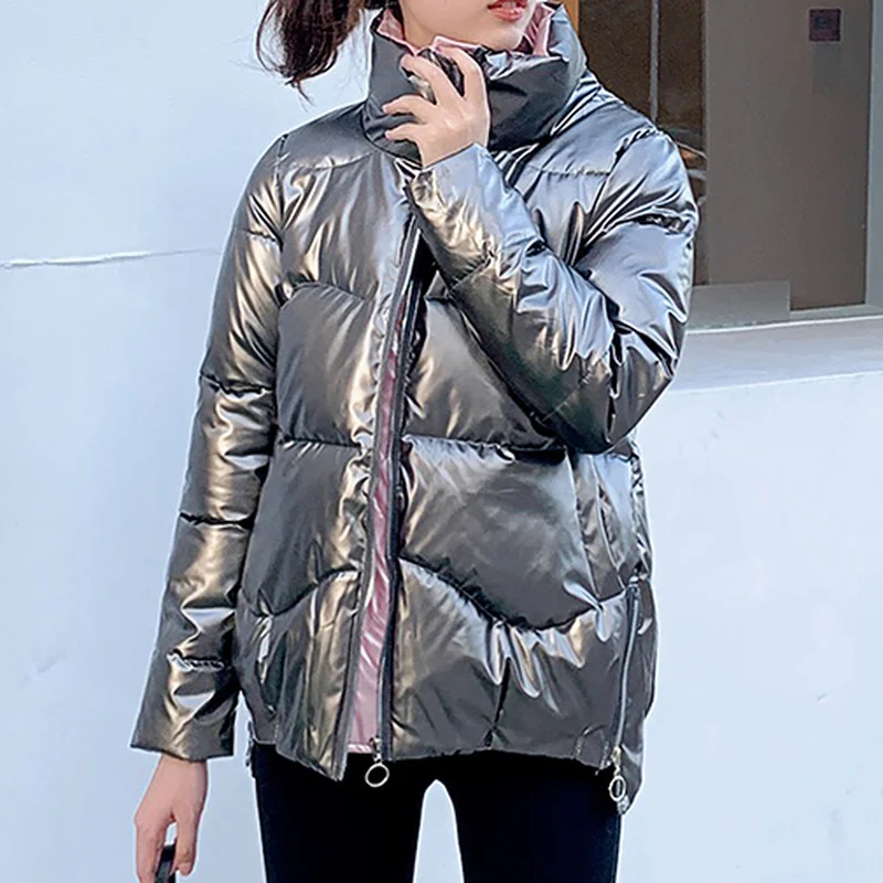2024 Winter Trend Glossy Thickened Short Jacket Korean Style Loose Stand-up Collar Cotton Jacket BF Long Sleeve Women's Clothing