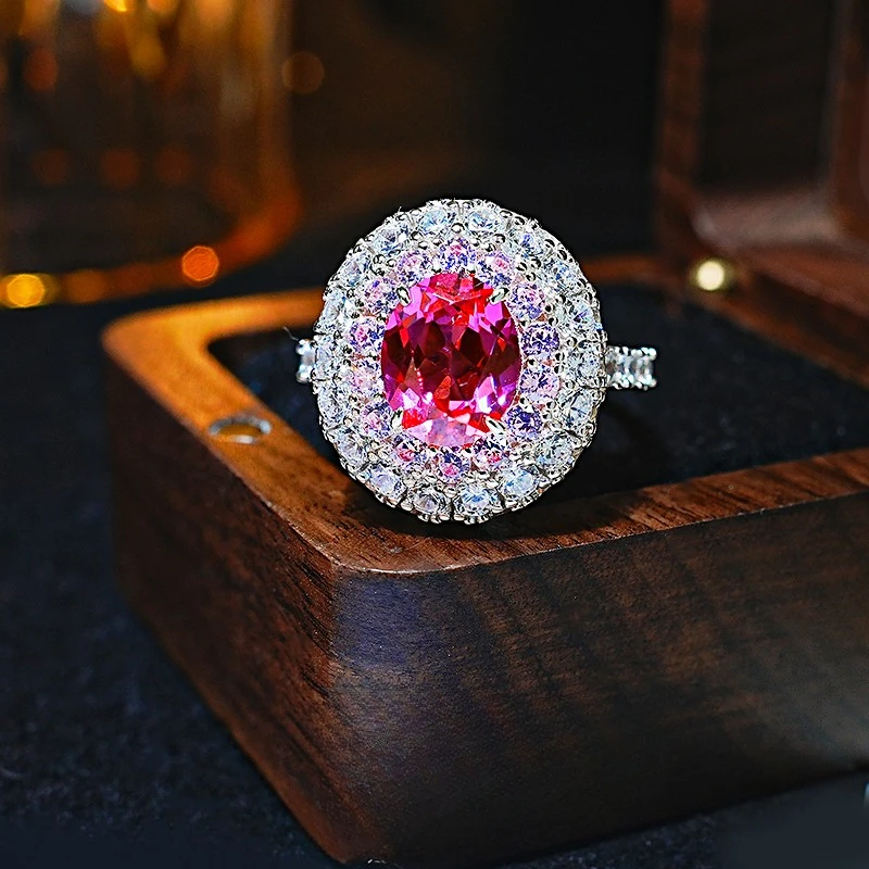 

Mencheese Luxury Pink Tourmaline Flower Ring Inlaid with High Carbon Diamond Minority All-Match Temperament Gift for Mother