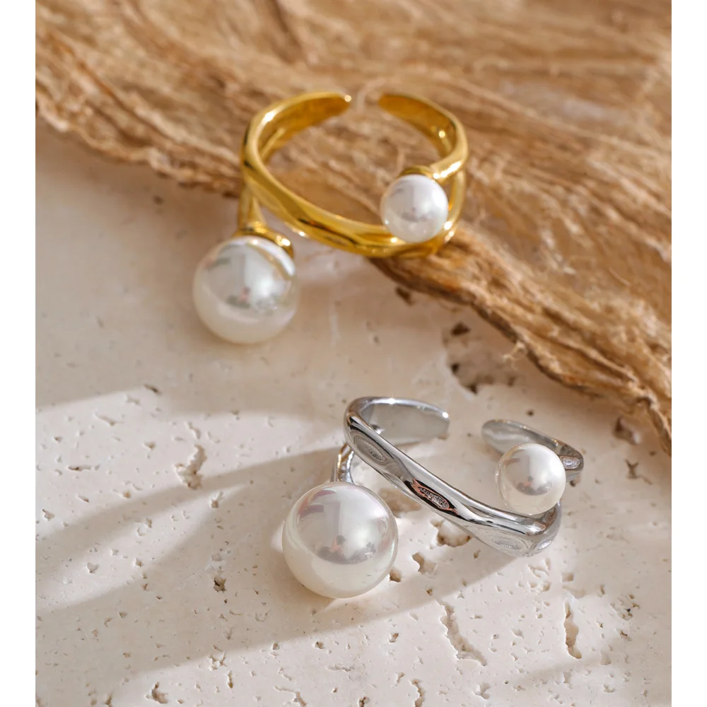 Yhpup Jewelry Simulated Pearls Layered Stainless Steel Fashion Ring