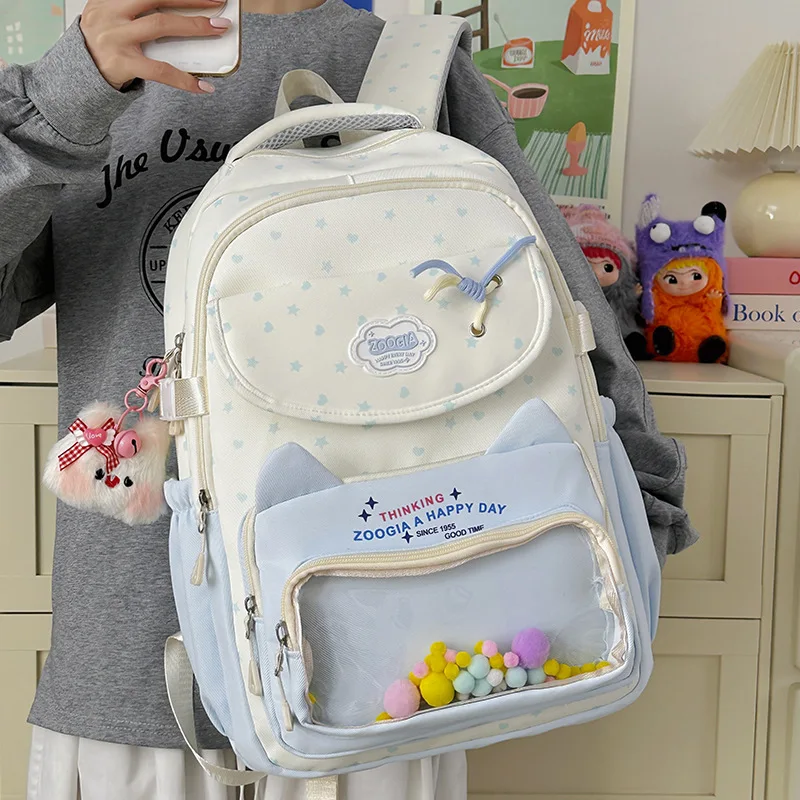 Sac à dos TRAVEASY 2026 Nouveau motif étoile cœur pour femme, en nylon, avec poche transparente et pendentif, grande capacité, pour étudiante