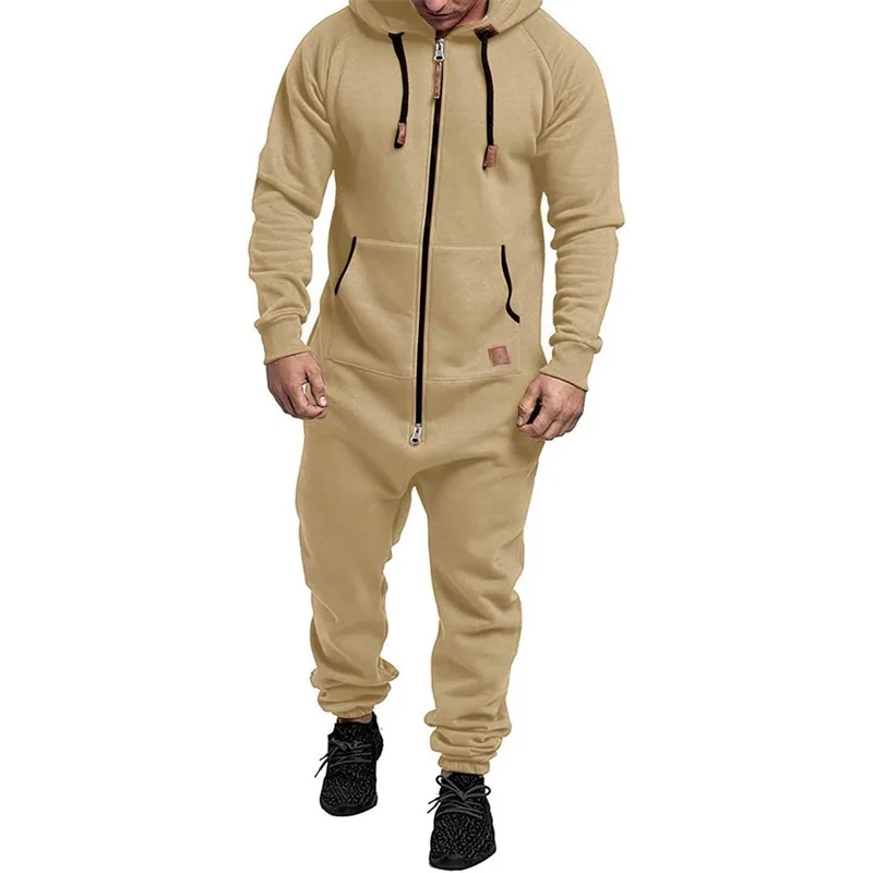 Men's Winter Hooded Jumpsuits Pockets Warm Long Sleeve Full Zipper Up Overalls Sweatsuits Drawstring