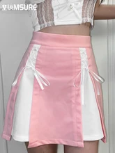 

IAMSURE Sweet Cute Patchwork A-Line Skirt Slim Bandage Bow Mid-Waisted Mini Skirts Women 2022 Fashion Ladies Preppy Style Casual