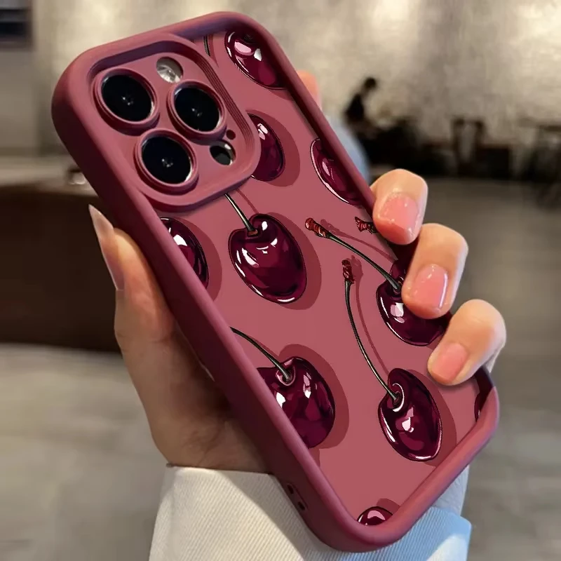 Luxury Wine Red Cherry Print Shockproof Silicone Phone Case