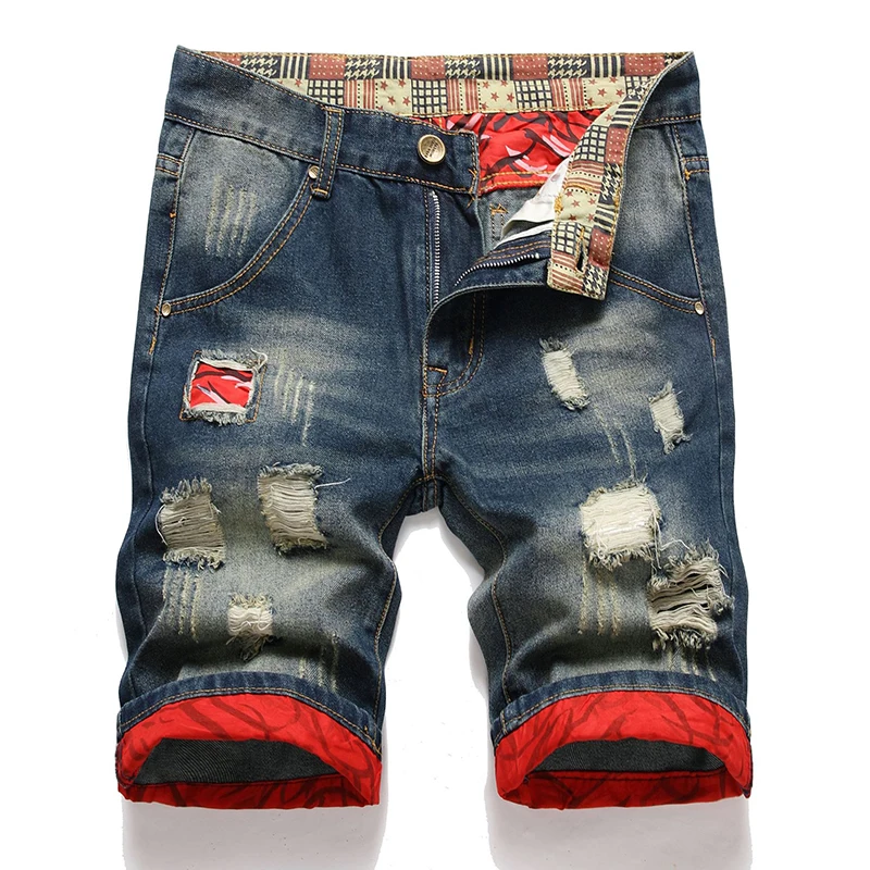 

Jeans Men's Flip Denim Shorts New Worn Hole Patch Vintage Young Design Fashion Ruined Plus Size Summer Pants