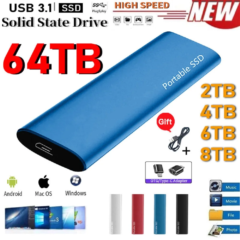 

1TB Portable SSD USB 3.1 High Speed Mobile Solid State Drive 2TB External Storage Decives Hard Disk Type-C for Laptop PC Mac