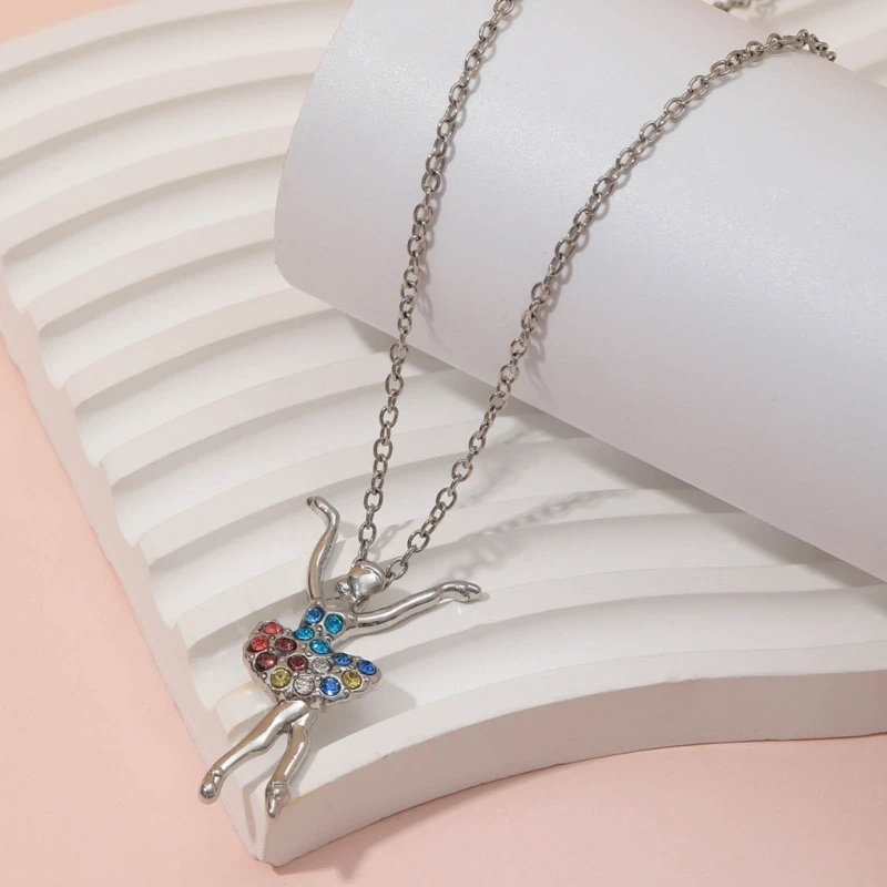 Ballet Dancer Pendant Necklace Crystal Charm Neckchain Adjustable Clavicle Chain for Dance Performances and Daily Wear Dropship