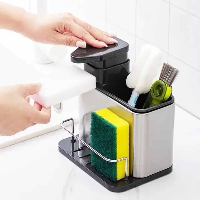 3-in-1 KITCHEN SOAP Dispenser ผู้ถือฟองน้ําจานสบู่สแตนเลสอ่างล้างจานถาดกันสนิม Drainer Rack 1