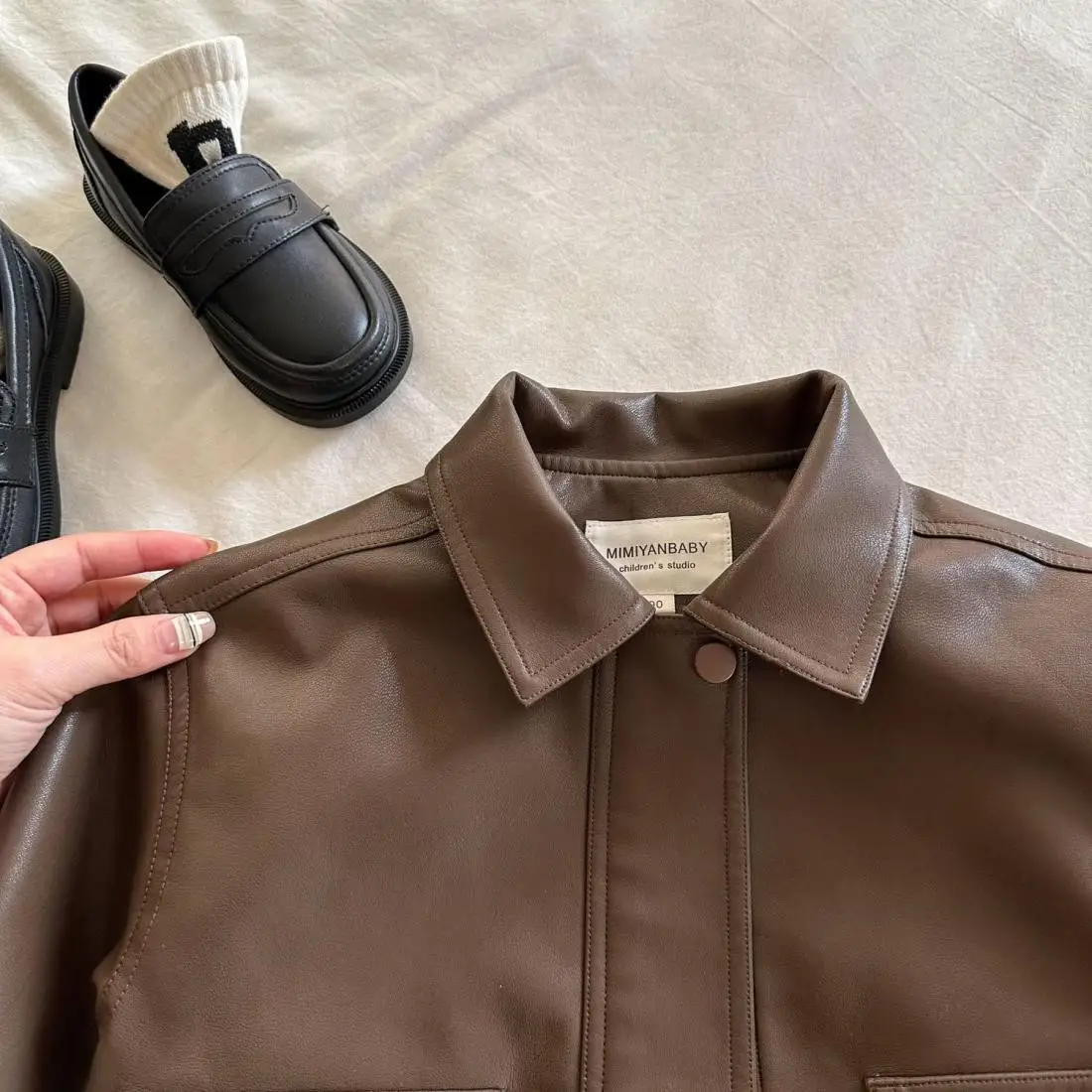 Brown PU Leather Toddler Jacket - Zipper Coat with Lapel Collar for 2-10Y