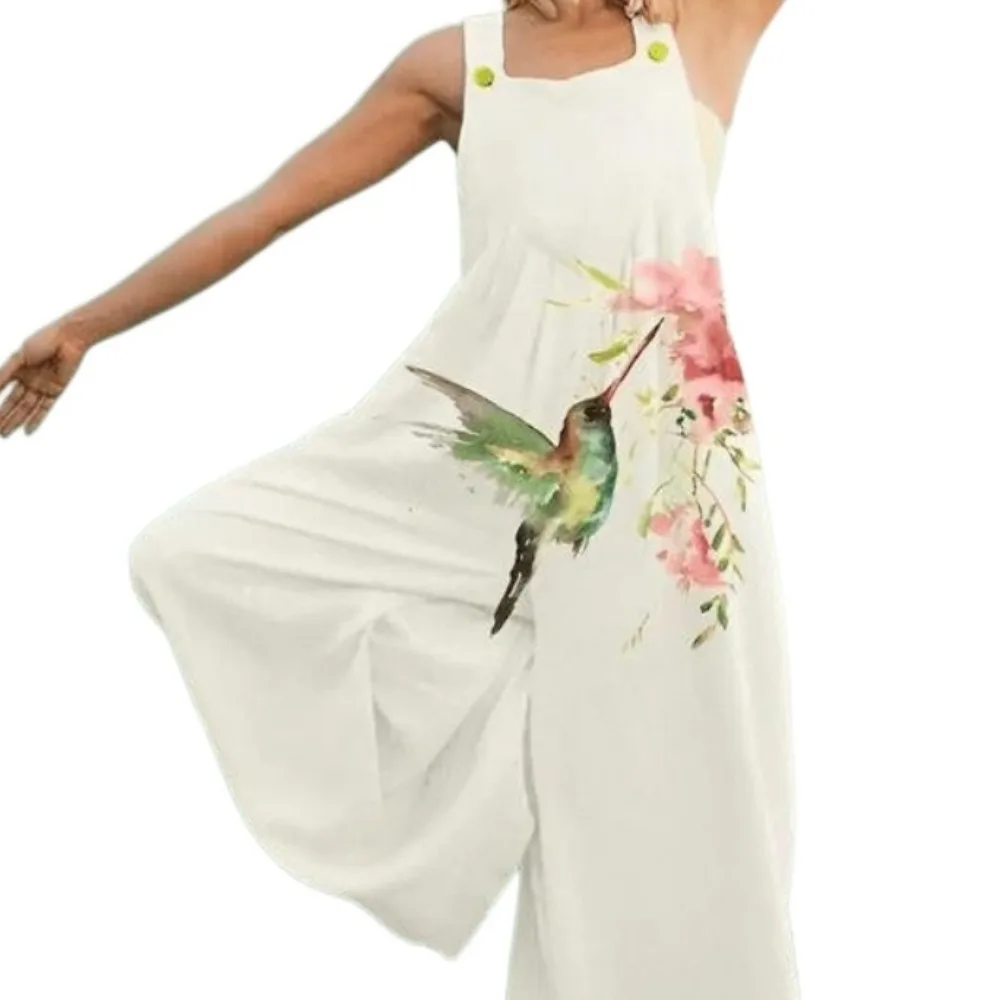 Women's Printed Cotton High Waisted Fashion Suspender Jumpsuit Summer Casual Elegant Loose Sleeveless Bohemia Wide Leg Pants