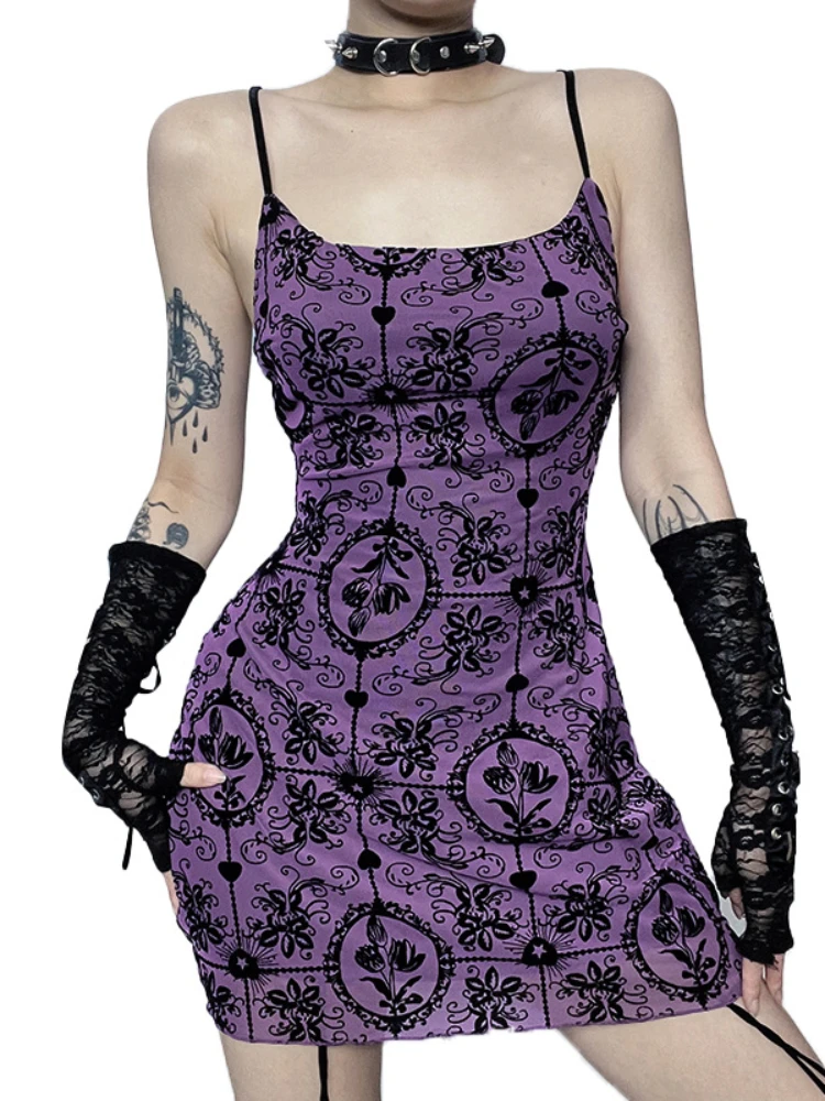 

Harajuku Vintage Gothic Floral Purple Slip Mini Dress Women 2024 New Summer Y2k Grunge Retro Punk Spaghetti Strap Short Dresses