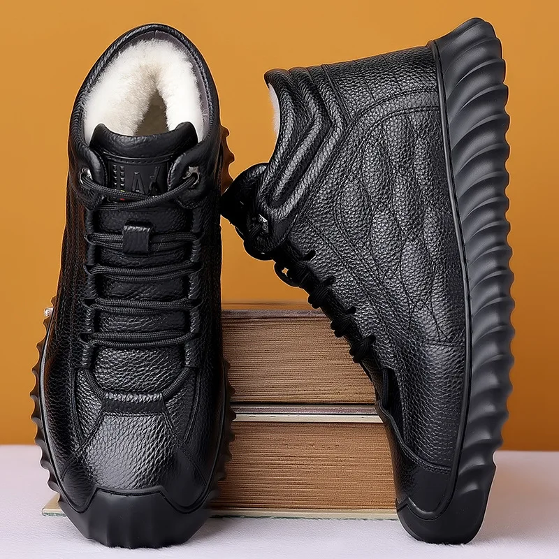 

Men's Lace-up Flat Heel Cow Leather Shoes Winter Add Fleece Non-slip High Side Keep Warm Male Middle-aged Footwear Hw93