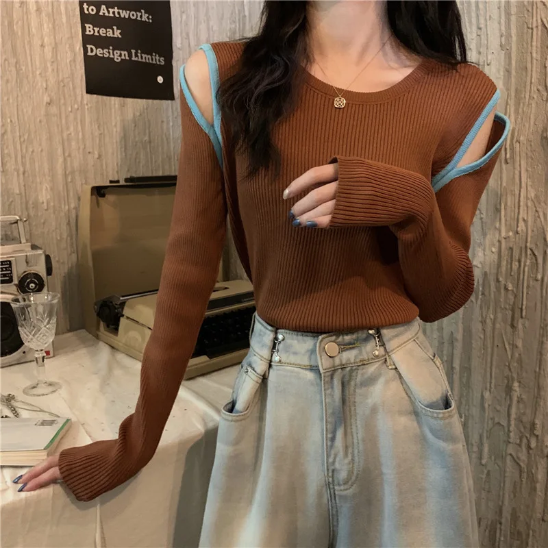 Women Knitted Off Shoulder Sweaters Autumn Long Sleeve