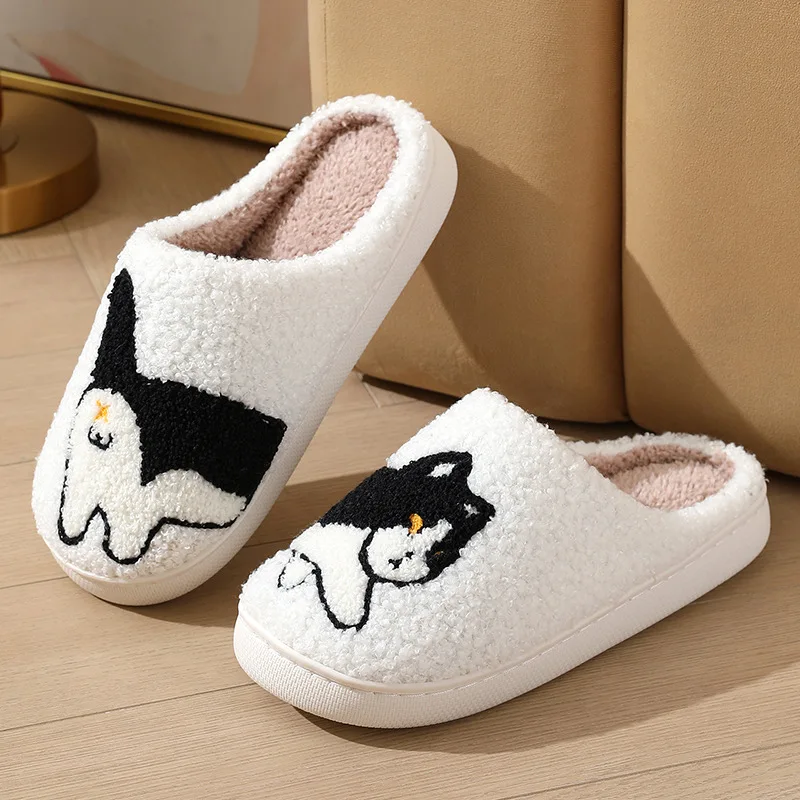 2024 Winter Women Black Cat Slippers Men Cartoon Home Black Dog Floor Sandals Couples Indoor Slippers Adults Warm Non-slip Shoes 4
