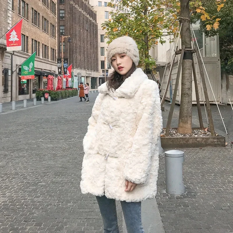 2023 New Fashion Simple Warm Commuting Lamb Fleece Thickened Fur Coat Imitation Mink Rabbit Hair Lazy Wind Horn Button Fur Coat