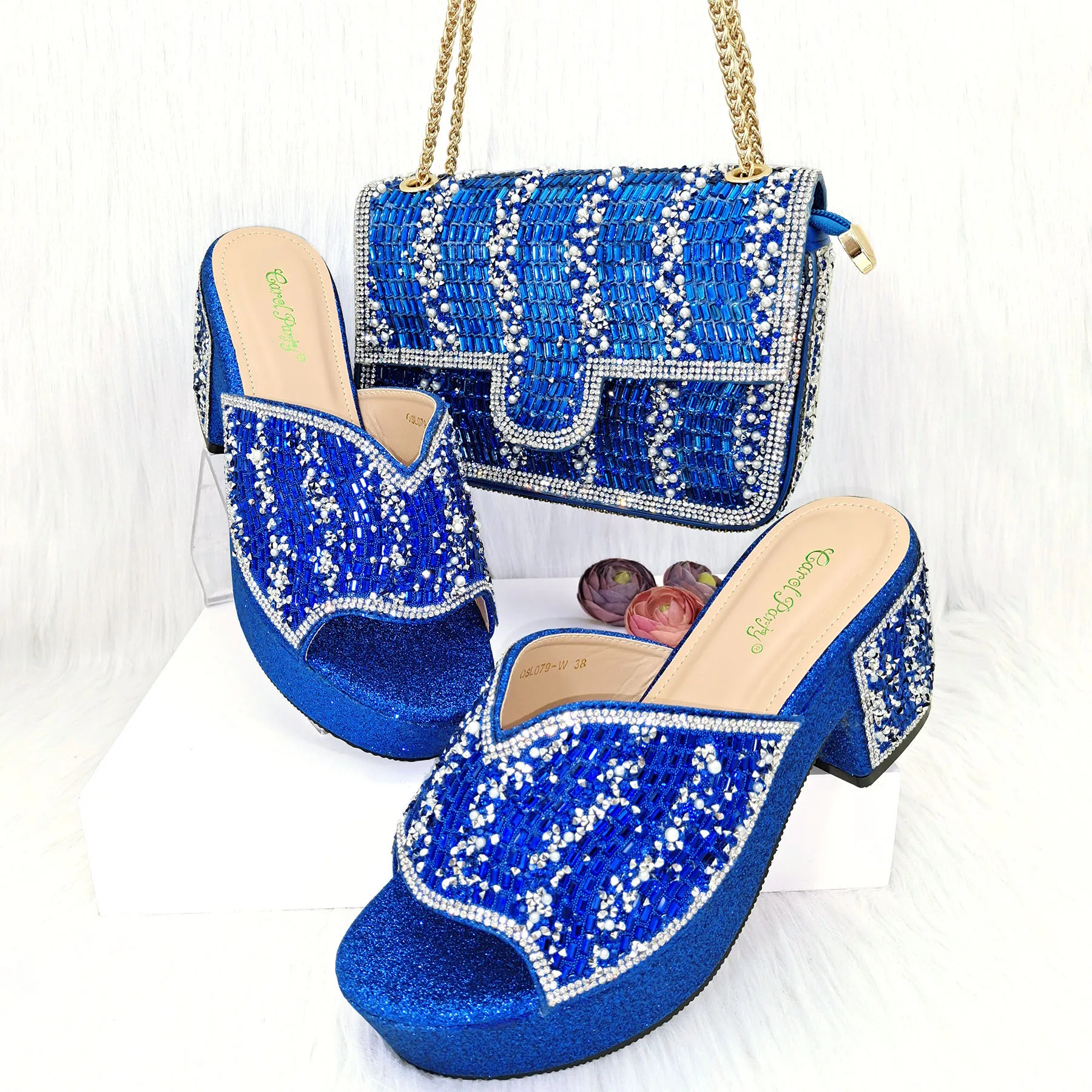 

African Women Royal Blue Color Shoes And Bag Set Decorated with Rhinestone Sexy Pumps Italian design Party Shoes Matching A bag