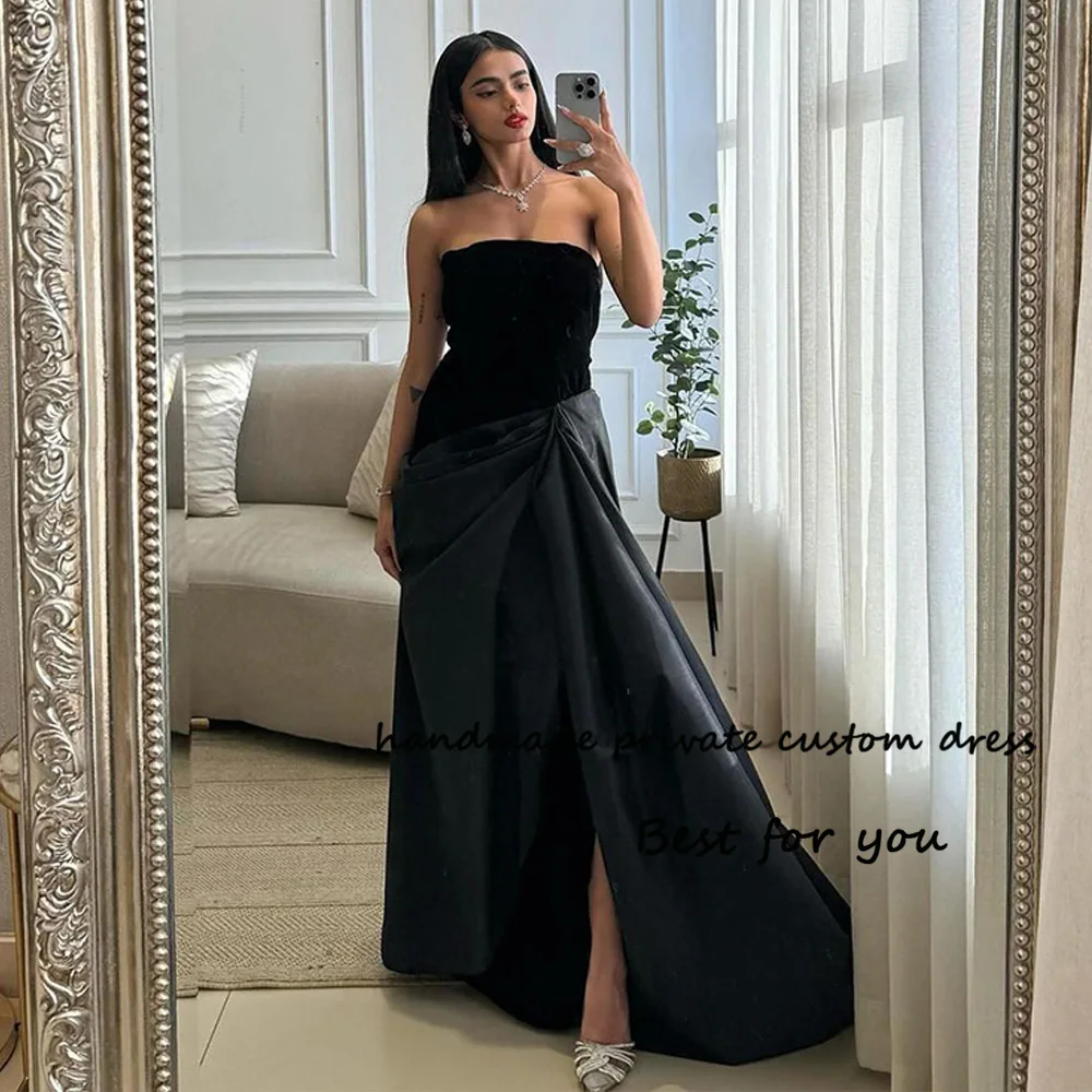

Black Evening Dresses with Slit for Women Pleats Strapless Arabic Prom Party Dress with Train Long A Line Dubai Evening Gowns