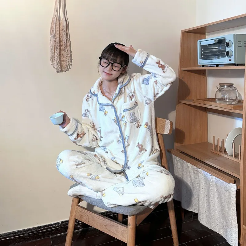 2024 New Chinese Style Coral Velvet Pajamas Women's Winter Flannel Ancient Style Sleepwear Plush Thickened Long Sleeved Homewear