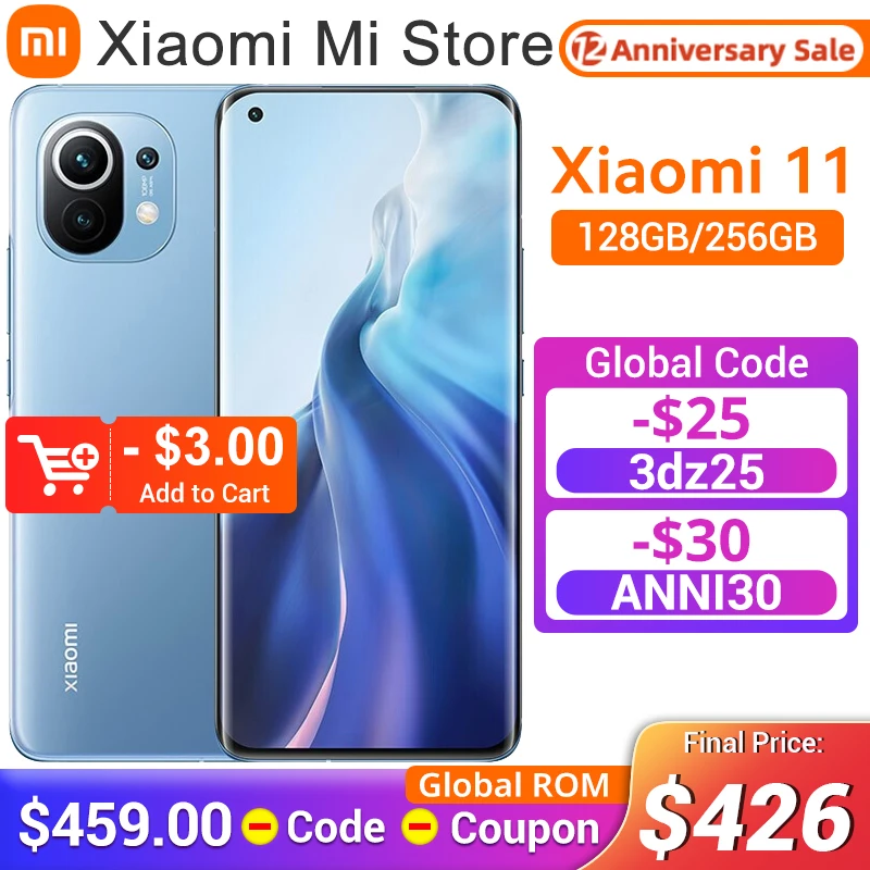 Сотовый телефон Xiaomi Mi 11 с глобальной прошивкой 128 Гб/256 ГБ Восьмиядерный процессор