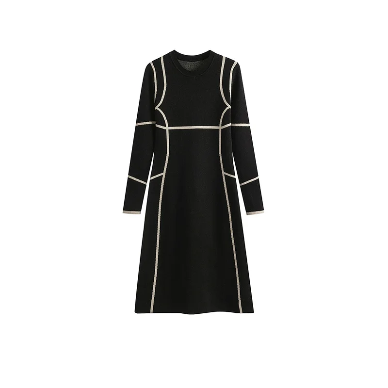

2023 New classic jacquard black dress in spring Women's Long sleeve bottomed comfortable wool Slim Style Commuter Knitted Dress