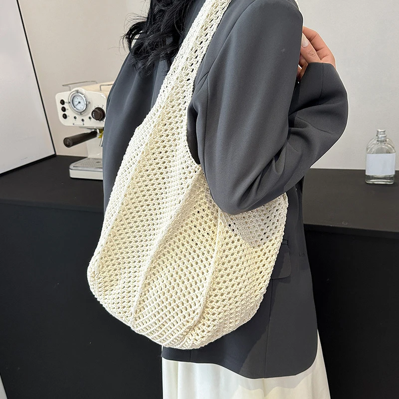 Women Crochet Tote Bag Fashion Hollow Out Knitted Bag Large Capacity Handbag Female Summer Beach Solid Color Woven Shoulder Bag