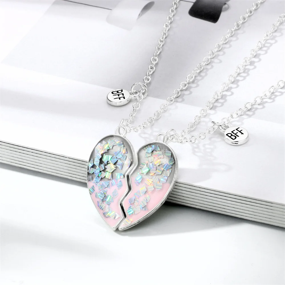 2Pcs Cute Gradient Butterfly Magnet Necklace for Women Korean Fashion Broken Heart Clavicle Chain BFF Best Friends Jewelry Gifts 3