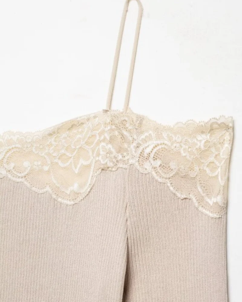 Lace Trim Off Shoulder Long Sleeve Knit Top for Women, Sexy Slim Fit Camisole, Spring Summer Casual Fashion Top